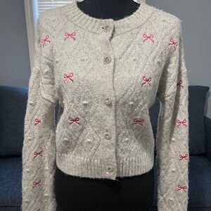 Grey with Pink Bows Cardigan and Rhinestones Jessica Simpson Sz Small